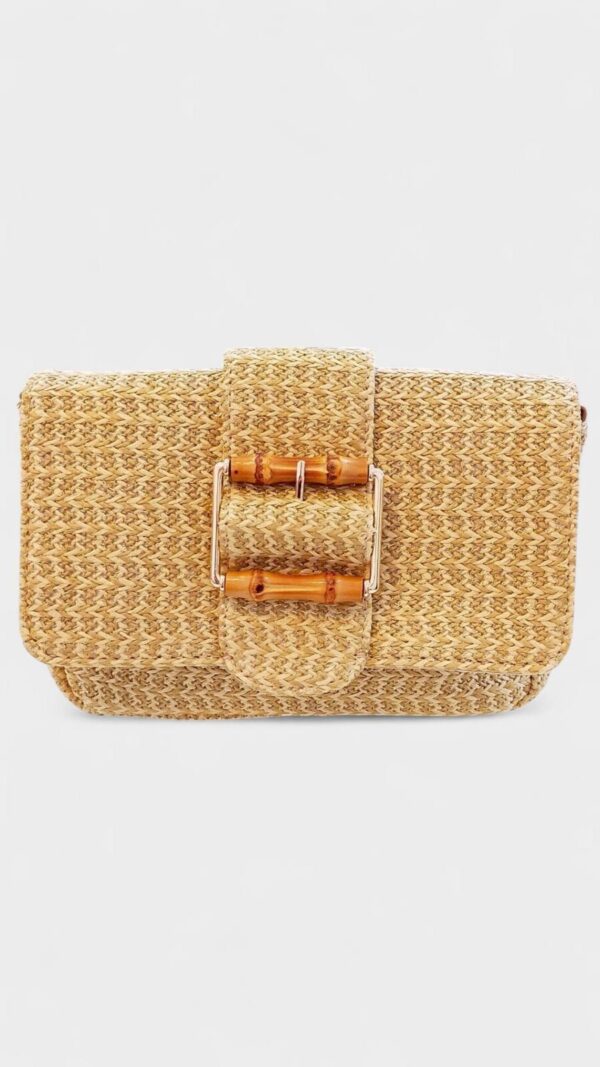 Bolso rafia bandolera hebilla madera