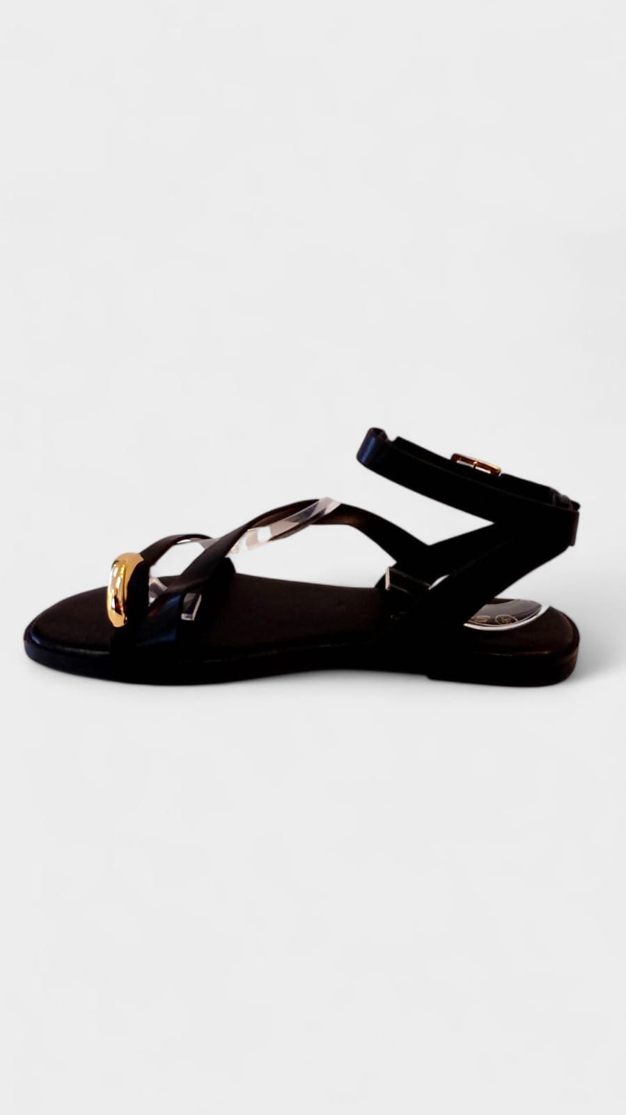Sandalia plana tiras chapa dedo pulsera new negro